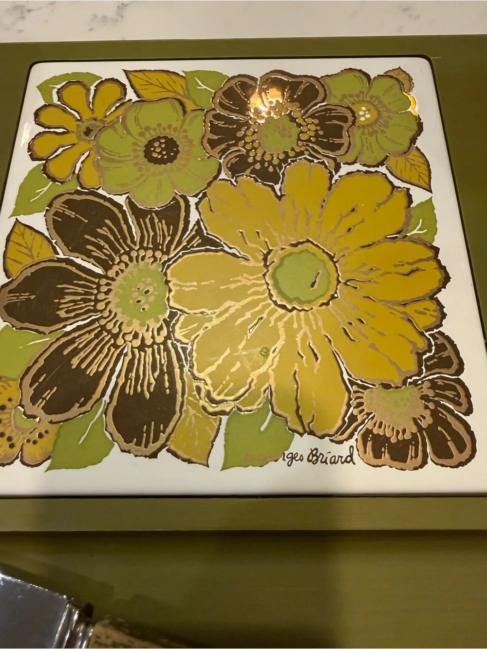 MCM Georges Briard Avocado Green Cocktail Serving Tray Set Tile Cheese Knife